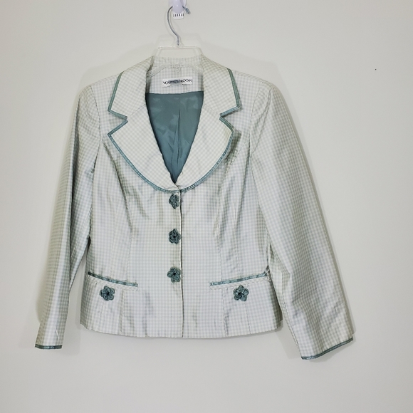 Noviello-Bloom Green/White Checked 100% Silk Vintage Jacket, Size 10. - Picture 1 of 16